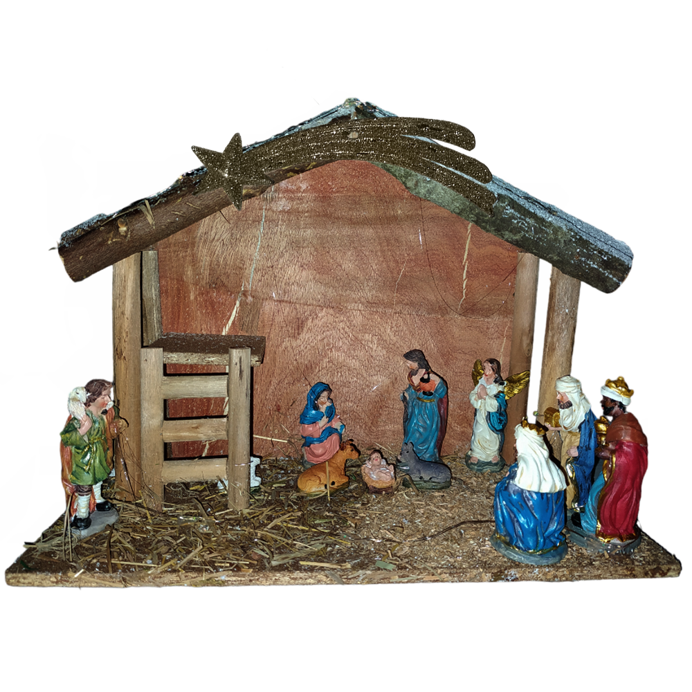Capanna in legno grotta innevata natalizia con natività e luci presepe per casa decorazioni addobbi natale sacra famiglia