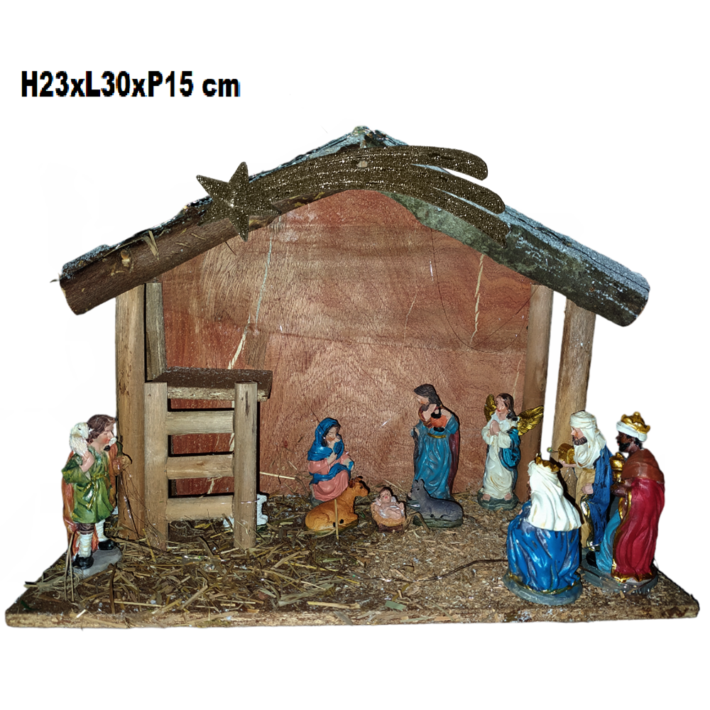 Capanna in legno grotta innevata natalizia con natività e luci presepe per casa decorazioni addobbi natale sacra famiglia