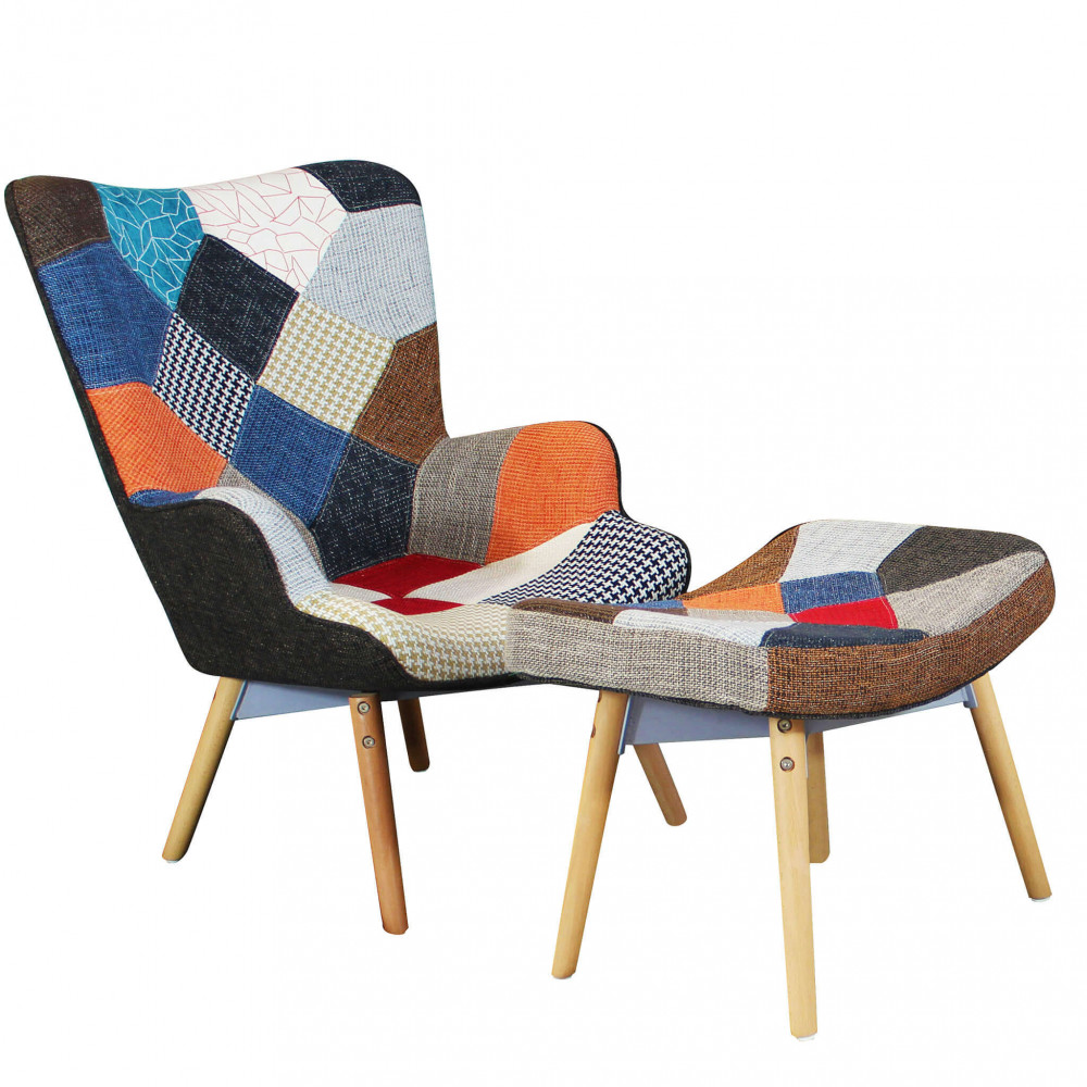 Image of Poltrona con poggiapiedi Patchwork Svandinava in Legno,Acciaio,Tessuto cm 75x69x91,5 - TYRESE