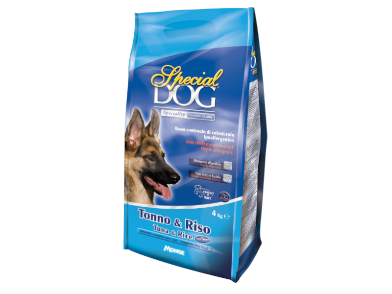 Image of Crocchette tonno e riso Special Dog Monge per cani adulti 4 sacchi 4kg