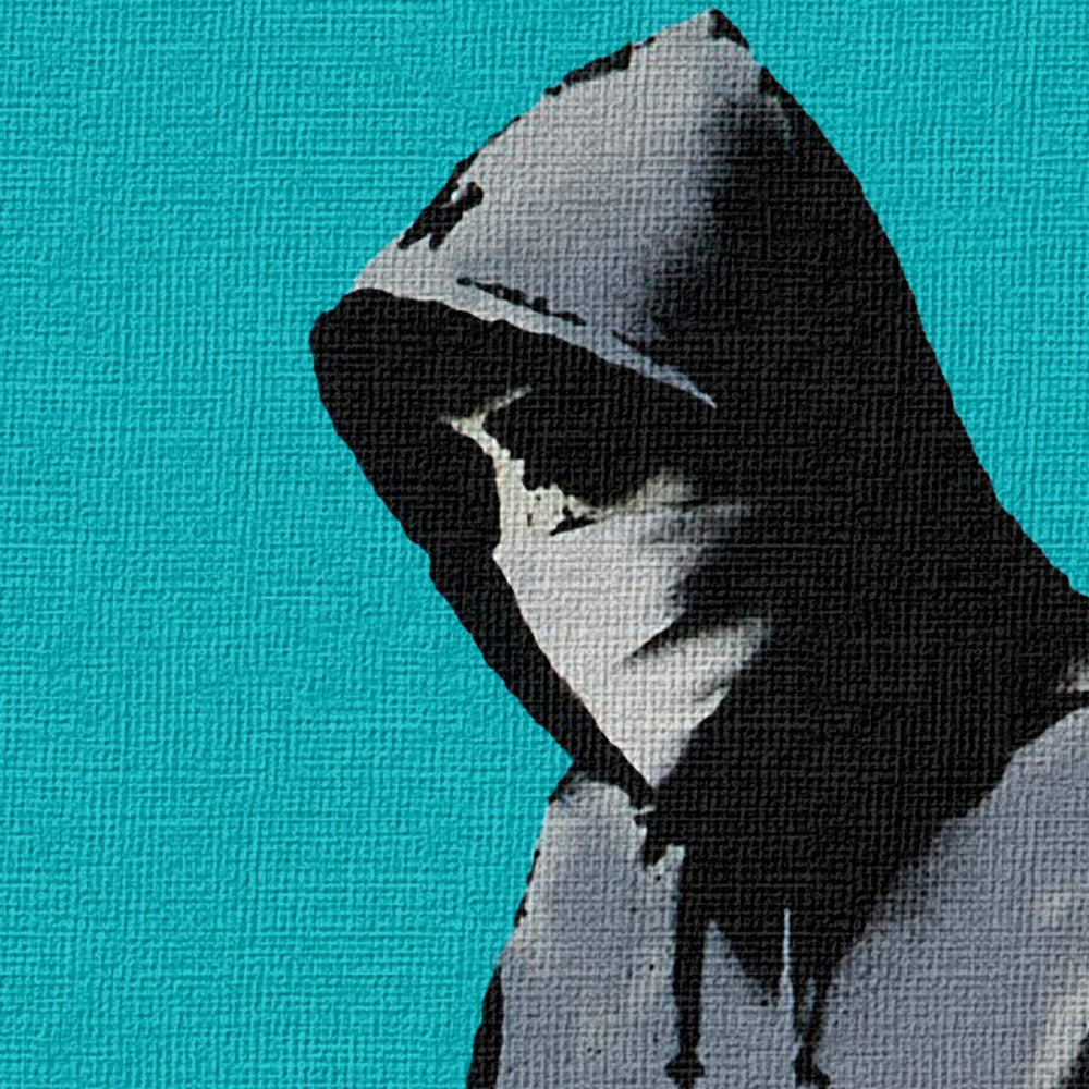 BANKSY - HOODIE GUY WITH HARING DOG - Quadro Canvas su telaio in legno Misura: 80x80 cm