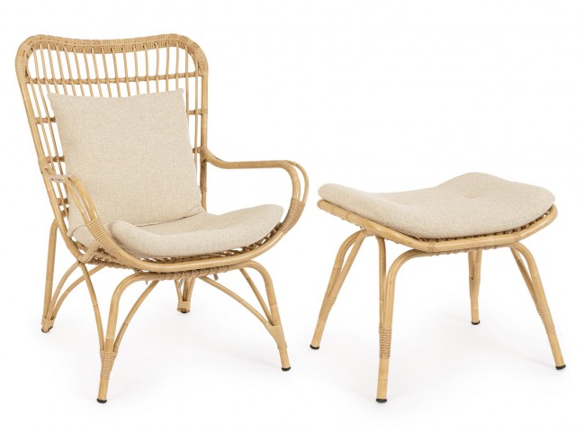 Poltrona Lounge con Poggiapiedi in Rattan Marrone Boho - FLOWER