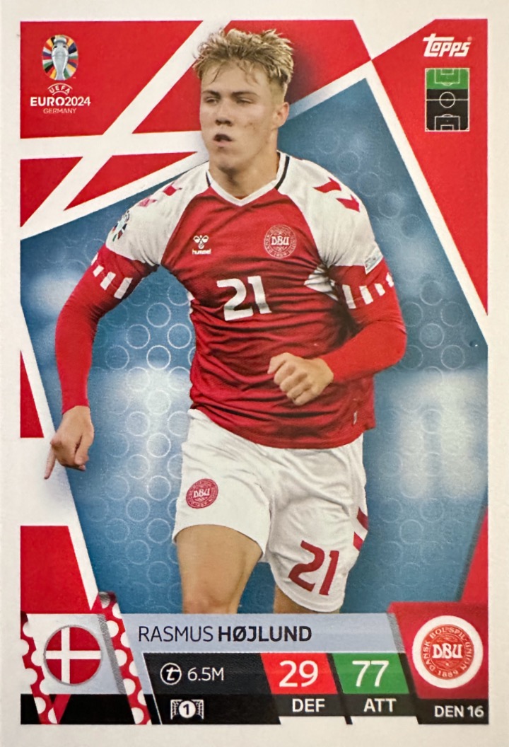 N.DEN 16  Rasmus Højlund Denmark  - Match Attax Euro 2024 Topps