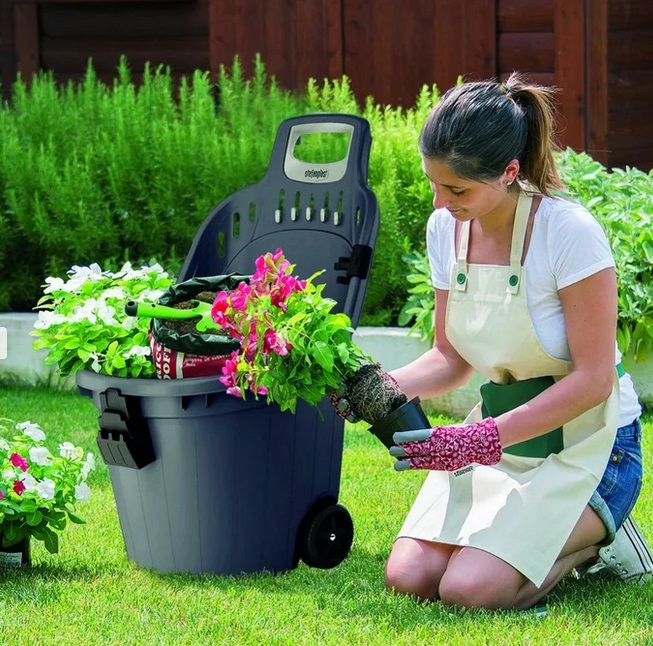 Carriola da giardino con ruote e porta scopa attrezzi cestino contenitore erba f