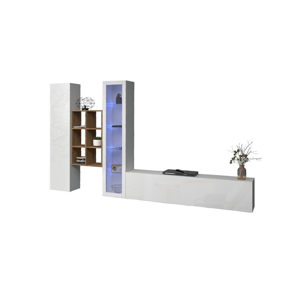 Parete Attrezzata Moderna per Soggiorno 320x30x180cm - ECHO Colore: bianco laccato lucido