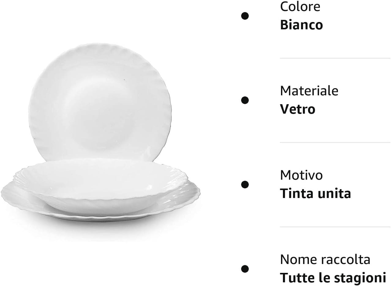 Servizio di Piatti Da Tavola Bianco 36 Pezzi Per 12 Persone cucina non sbeccano vetro opale temperato lavabili in lavastoviglie