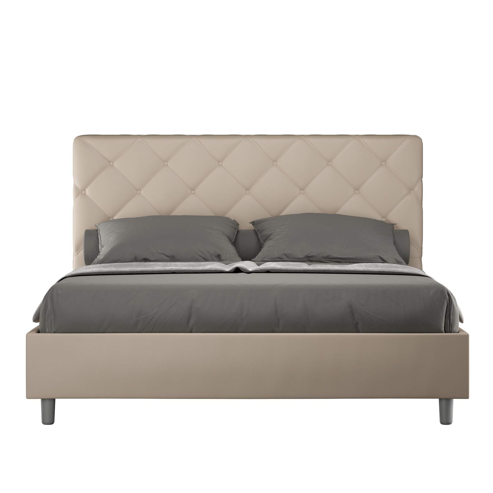 Letto Matrimoniale rivestito in Similpelle - PRIYA Colore: Tortora, Dimensione Rete: 160x210, Tipologia Letto: Alzata Doppia