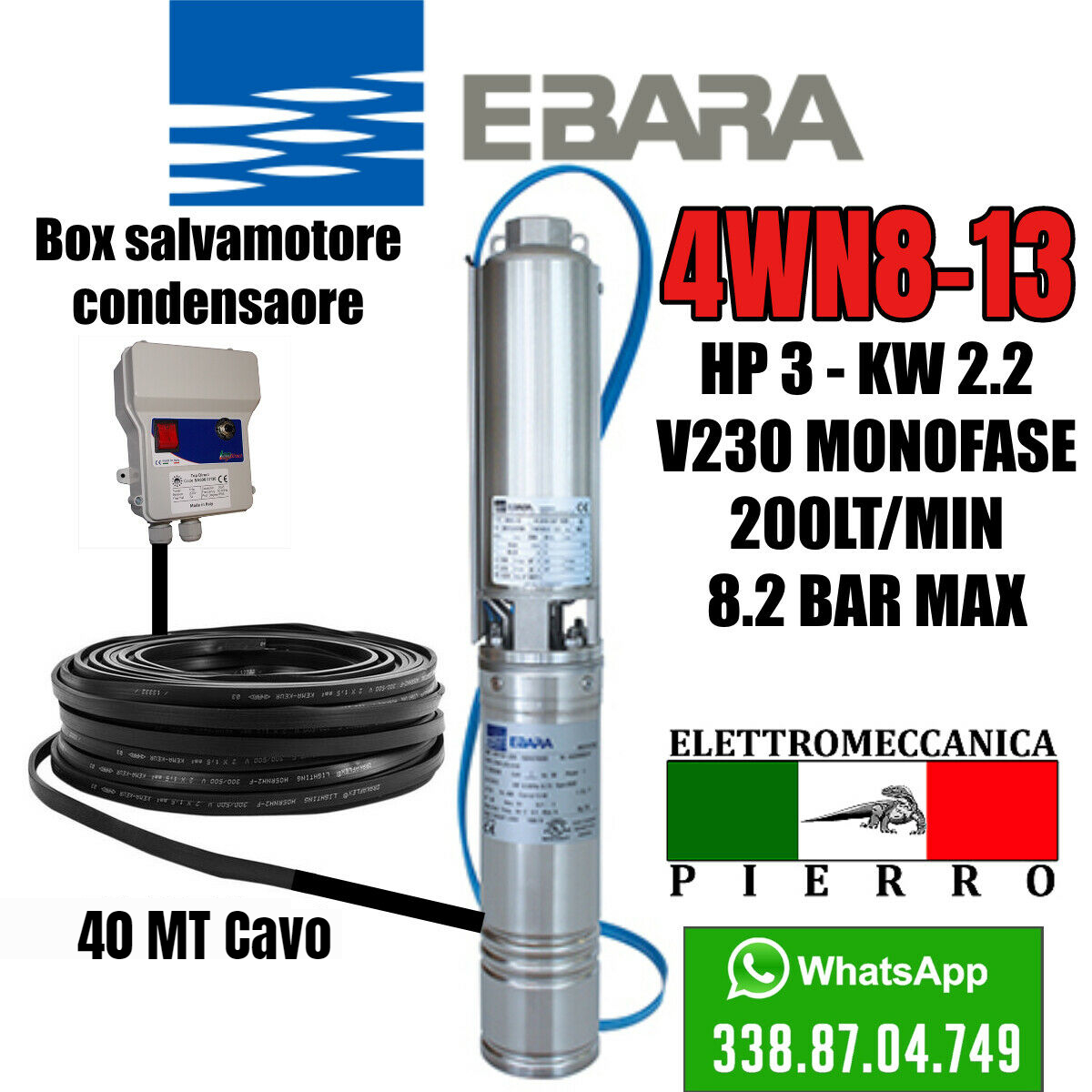 CORPO / POMPA SOMMERSA PER POZZI EBARA 4WN8-13 HP3 200LITRI MINUTO 8.2 BAR MAX - Foto 9 di 26