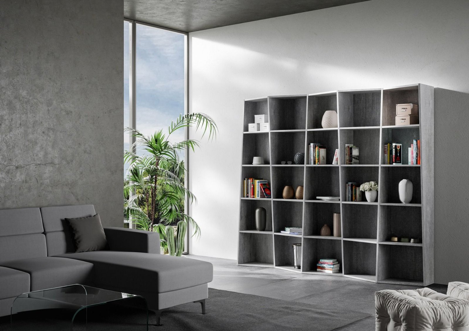 Libreria moderna a colonna - TREK Colore: Cemento, Dimensioni: L.227 P.35 H.202