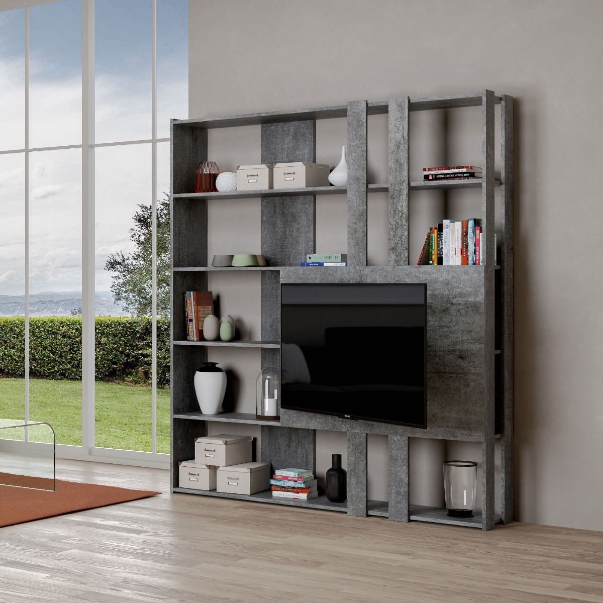 Libreria con porta TV - KATO TV Dimensioni: L.178 P.36 H.204, Composizione: M, Colore: Cemento