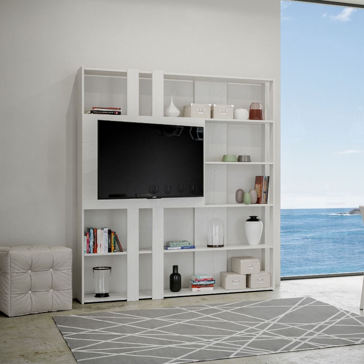 Libreria con porta TV - KATO TV Dimensioni: L.178 P.36 H.204, Colore: Bianco Frassino, Composizione: L