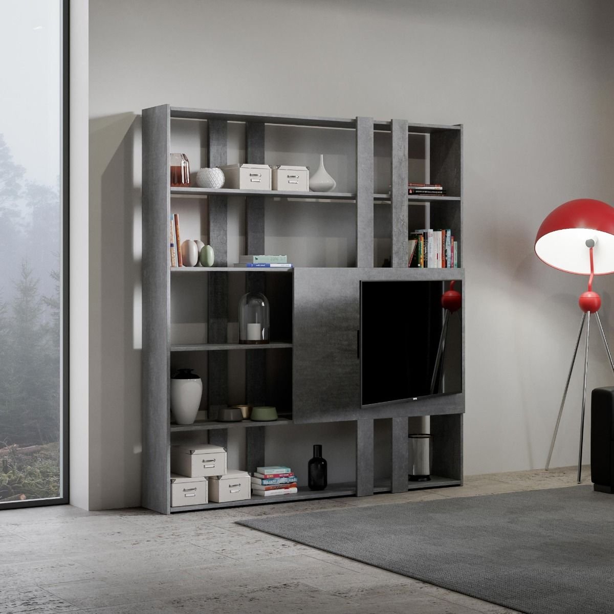 Libreria con porta TV - KATO TV Dimensioni: L.178 P.36 H.204, Composizione: H, Colore: Cemento