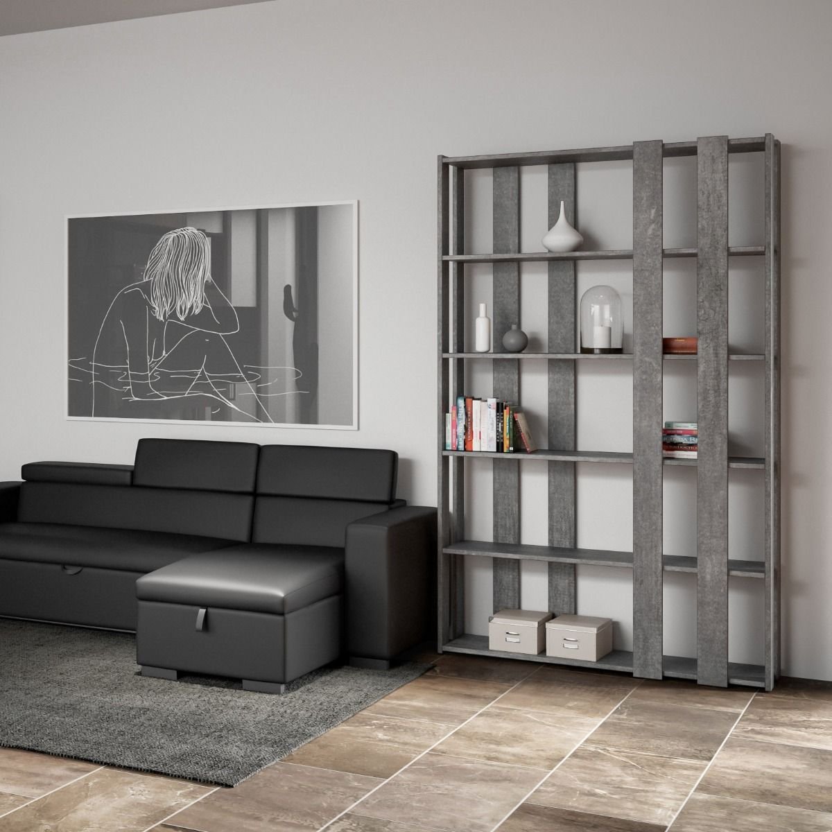 Libreria a fasce - KATO Composizione: E, Colore: Cemento, Dimensioni: L.120 P.36 H.204