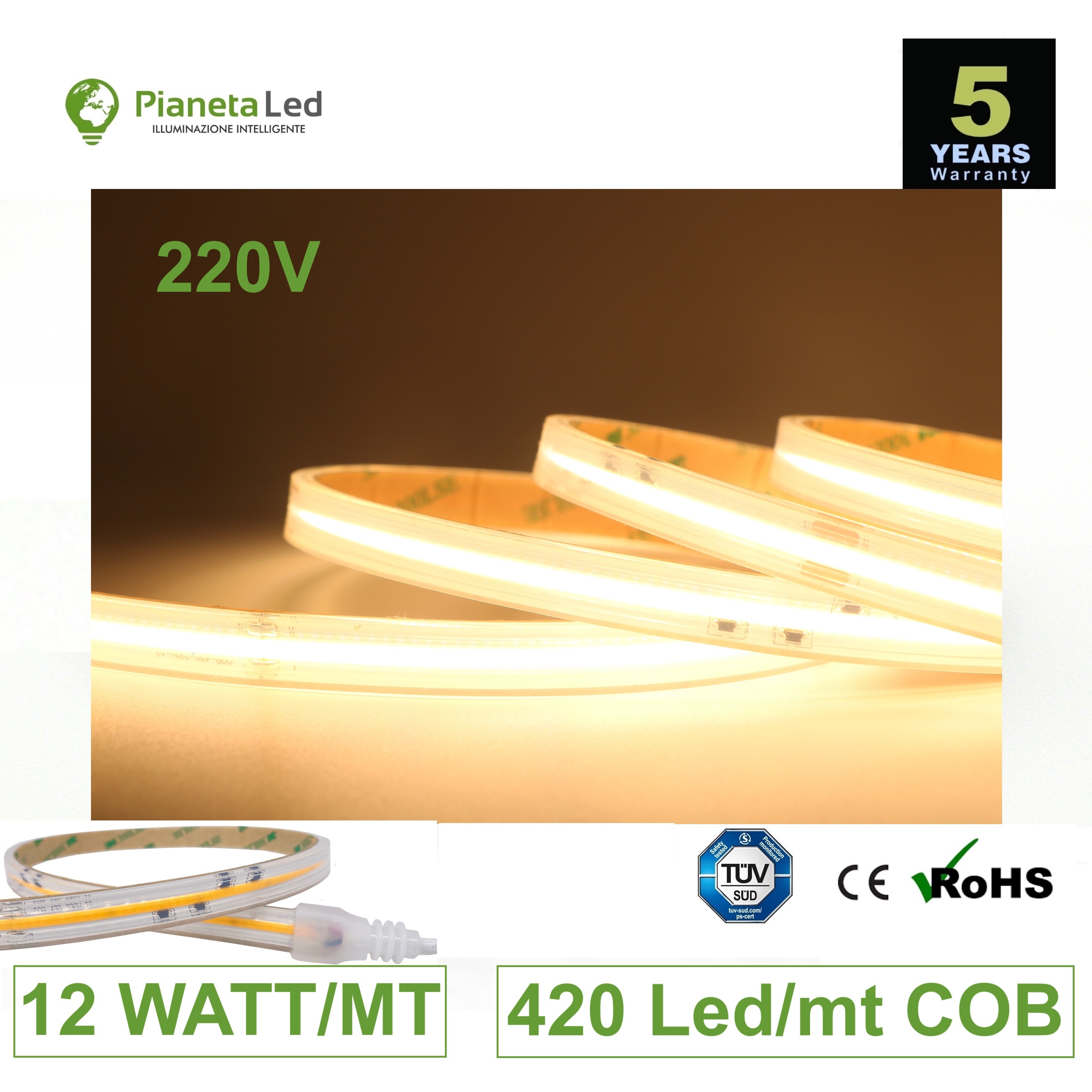 1 metro Striscia Led Bianca 220V COB 420 Led/mt 12 w/mt IP67 misura a scelta