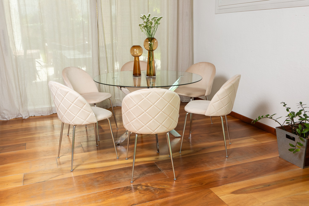 Tavolo Rotondo 120 cm Piano in Vetro, Gambe Incrociate Metallo Moderno KASPER - Foto 21 di 32