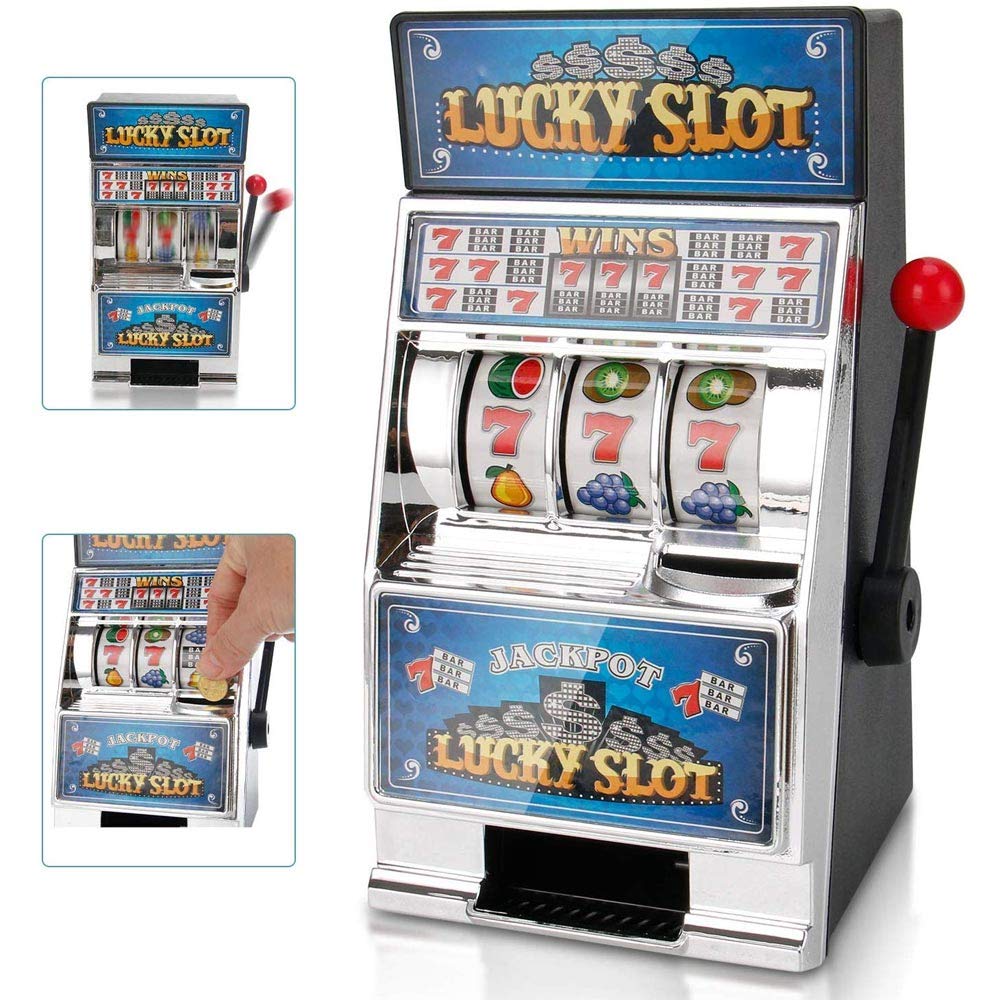Image of SALVADANAIO MONETE MINI SLOT MACHINE CON MANOPOLA FUNZIONANTE GIOCO BAMBINI ADULTI
