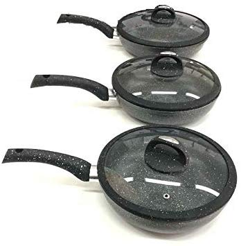Image of Tris PADELLE Nero in Pietra LAVICA 3 PADELLE ANTIADERENTI E 3 COPERCHI con Vetro INFRANGIBILE