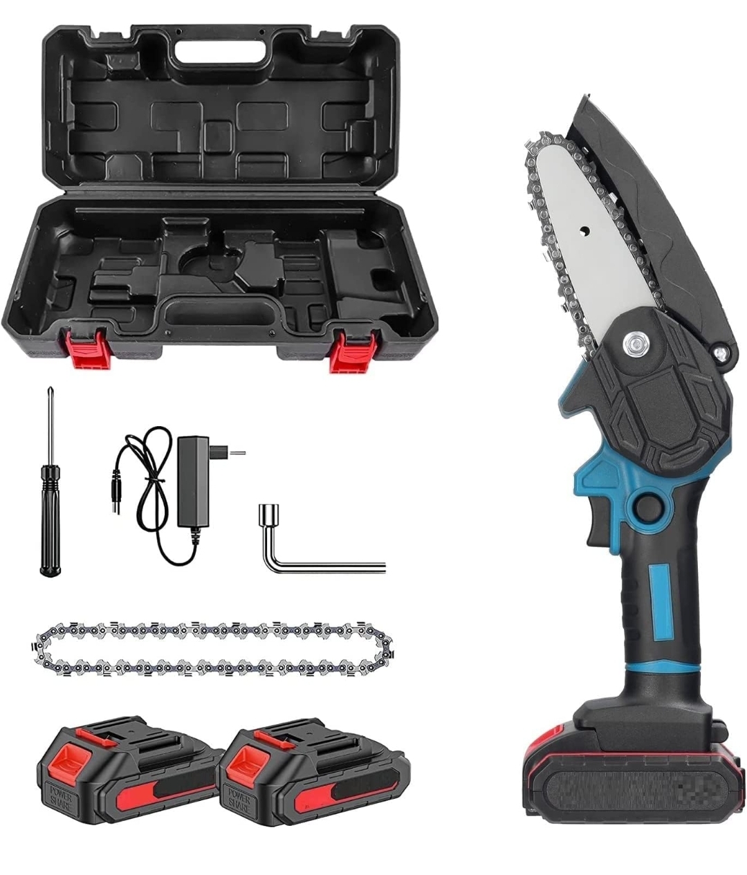 Image of Mini Motosega a batteria 4 Pollici Portatile 48V da potatura Mini elettrosega tagliarami con VALIGIA e 2 BATTERIE INCLUSE