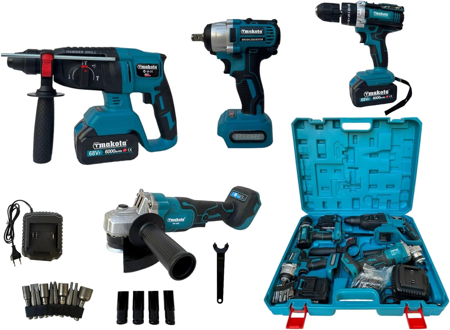 Image of Kit 4 in 1 Trapano Avvitatore con Percussione + Flex Smerigliatrice Angolare + Svitabulloni Avvitatore impulsi + Martello Tassellatore SDS-PLUS 2 Batterie da 68V Motore Brushless Valigetta