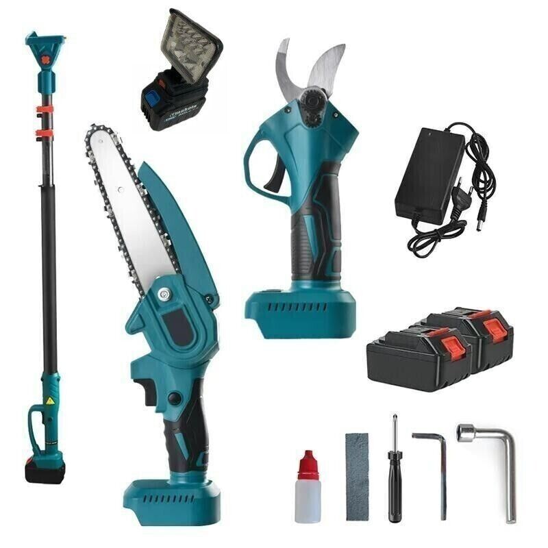 Image of Kit Set per potatura a batterie forbice cesoie con 2 batterie e motosega 6&quot; con asta telescopica + Luce led
