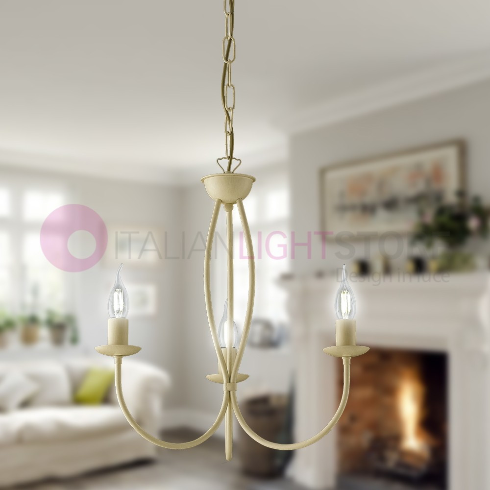 BAJA Lampadario Candelabro Ferro a 3 Luci Classico Avorio decapè
