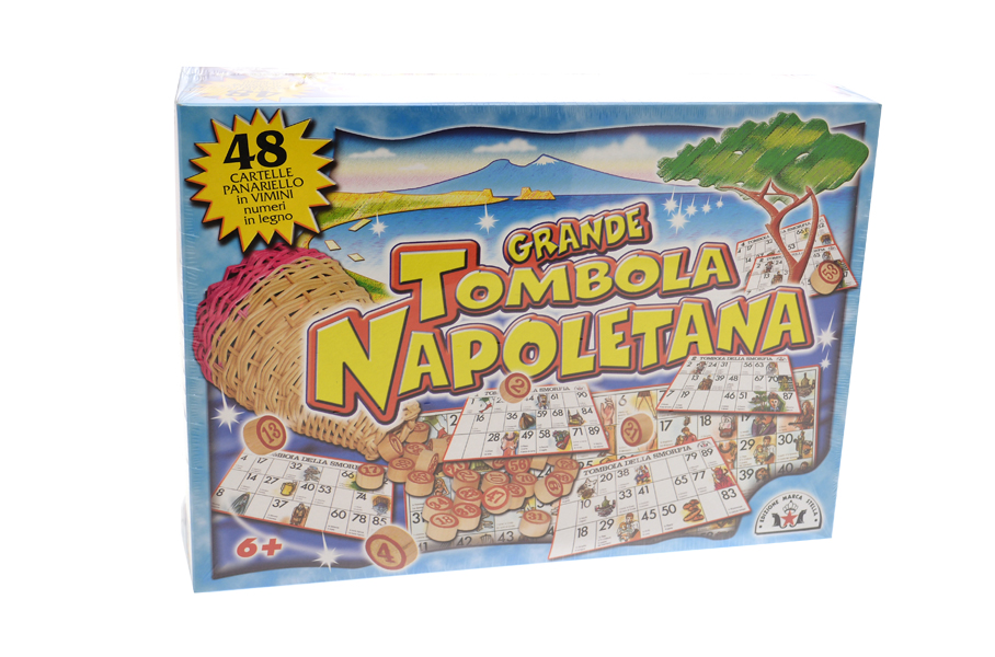 Tombola napoletana con 48 cartelle della Smorfia Cestino  Vimini Numeri in Legno