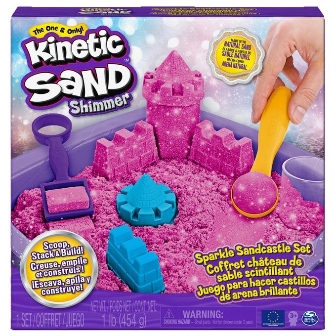 Kinetic Sand  Castello di Sabbia Shimmer   Sabbia cinetica 454gr   Sabbia magica   Sabbia colorata glitterata rosa   3 accessori e vaschetta inclusi   Giocattoli per bambini e bambine 3 anni
