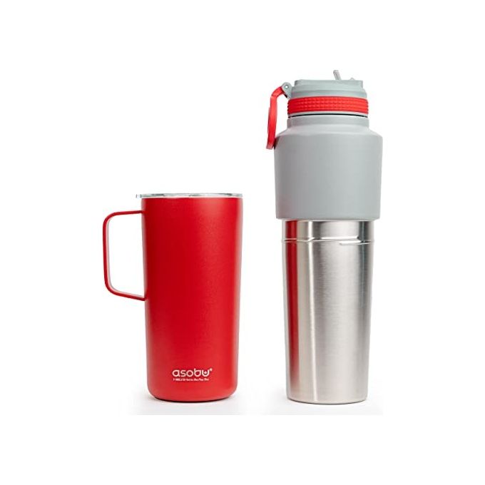 Asobu Twin Pack Bottiglia con Tazza Rosso 0.9 Litri 0.6 Litri