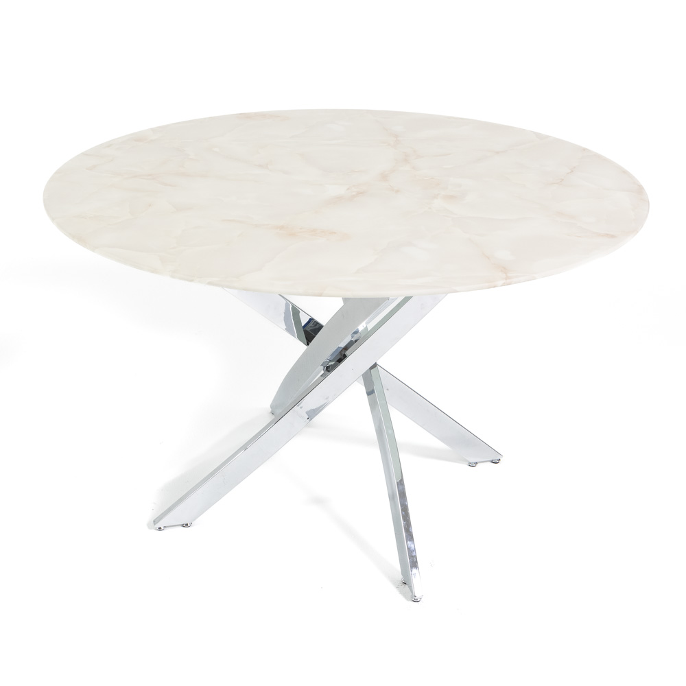 Tavolo Rotondo 120 cm Piano in Vetro, Gambe Incrociate Metallo Moderno KASPER - Foto 27 di 32