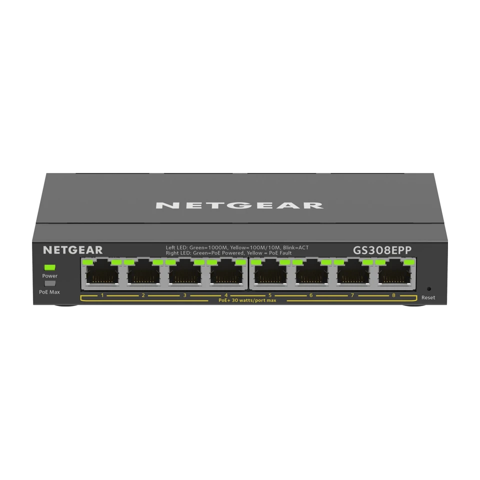 Image of Switch Ethernet Gigabit a 8 porte NETGEAR High-Power PoE+ Plus (GS308EPP) Gestito L2/L3 Gigabit Ethernet (10/100/1000) Power over Ethernet (PoE) Nero
