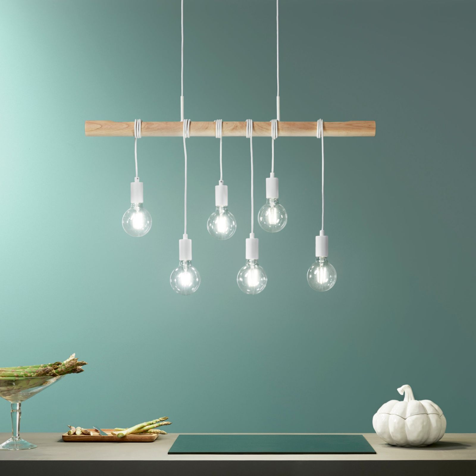 LAMPADARIO ARIZONA IN LEGNO PINO E METALLO BIANCO CON 6 LAMPADE ATTACCO E27 CM.90X180H.