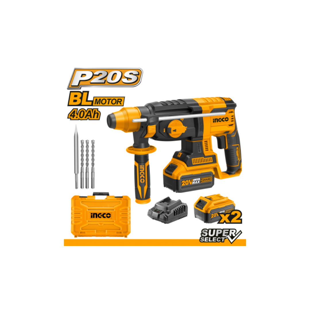 MARTELLO DEMOLITORE 20V BRUSHLESS CON 2 BATTERIE, CARICABATTERIA, 3 PUNTE E 1 SCALPELLO INGCO CRHLI202287