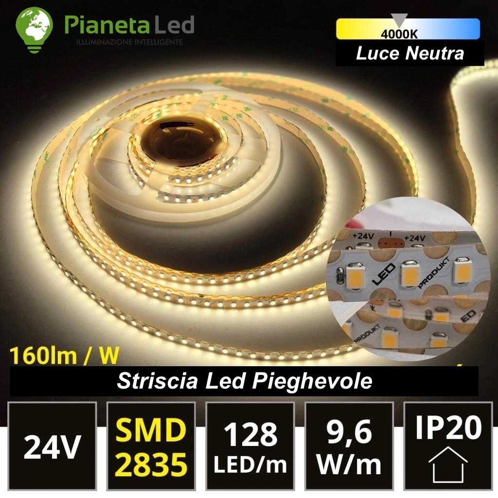 Striscia Led Pieghevole 5m 24V 48w 128 Led/m Luce bianca 160 lumen/w