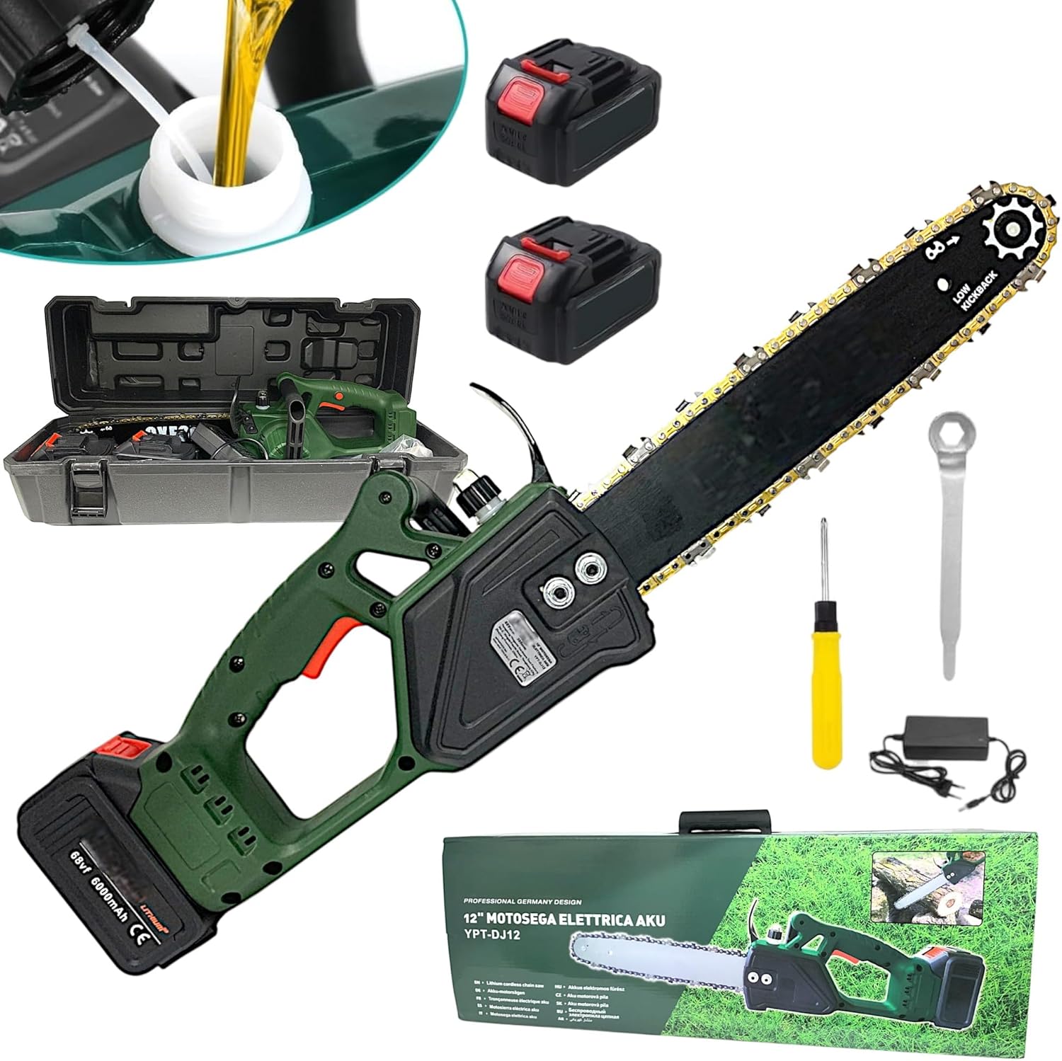 Image of Motosega a Batteria con Lama da 12&quot; (30cm) Taglio Massimo 30 cm Elettrosega due Batterie 68V 6000mAh con Pompetta Olio per Lubrificazione Catena Automatica per Tagliare Rami e Legno