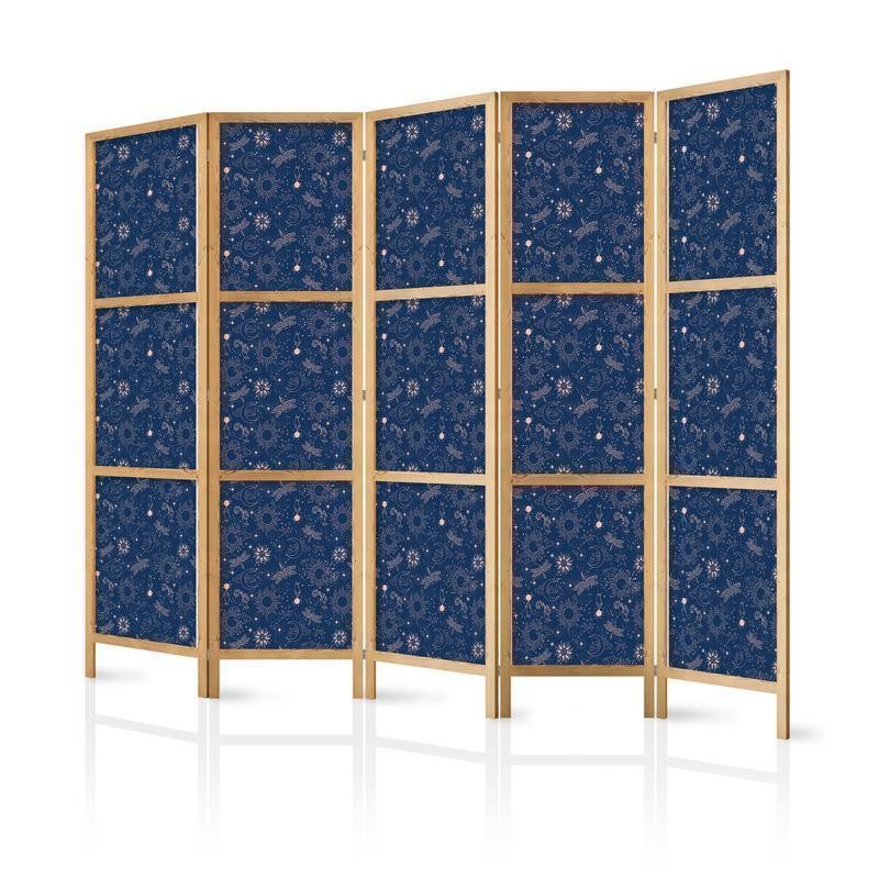 Image of Paravento giapponese - Cosmic Fantasy - Pattern with Suns - Moons - and Dragonflies on a Dark Background Larghezza x Altezza Decor: 225x172