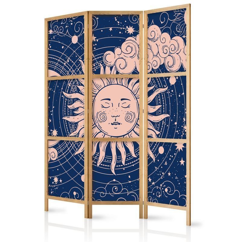 Image of Paravento giapponese - Cosmic Harmony - Illustration of the Sun and Moon on a Navy Background Larghezza x Altezza Decor: 135x172