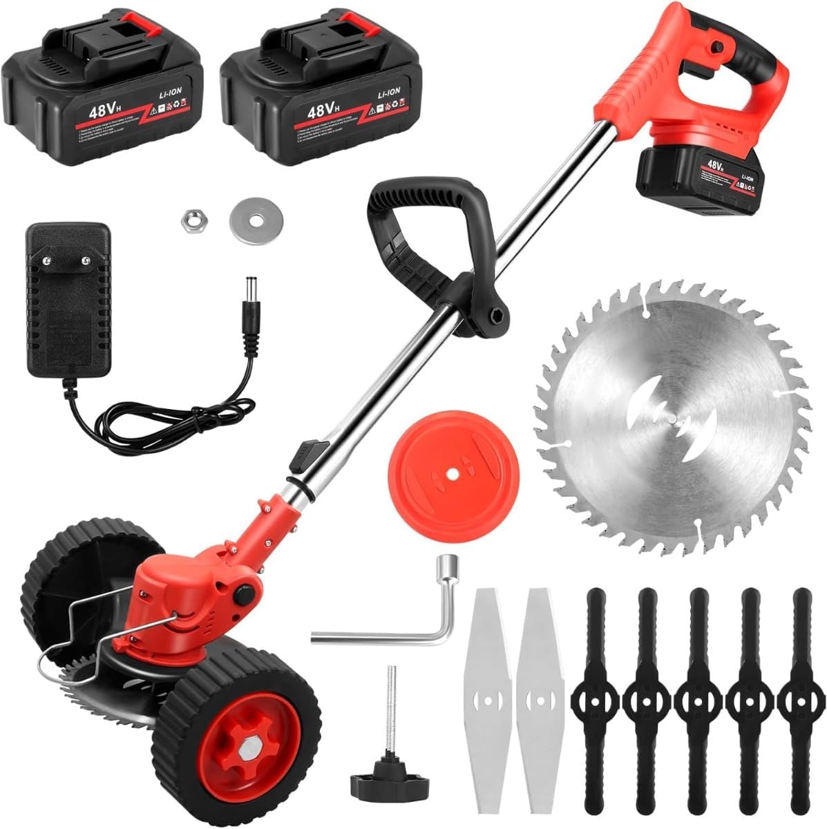 Image of Decespugliatore Elettrico a Batteria con Ruote, Tagliabordi a Batteria 48v, Tagliabordi a Batteria Testata Regolabile e Maniglia Telescopica Testa Girevole 90° per Il Taglio di Giardini