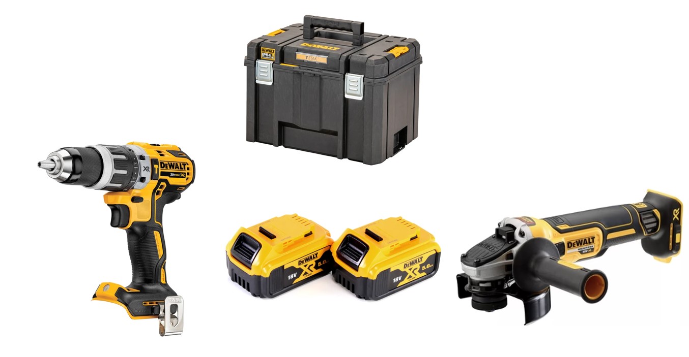 Kit utensili DeWalt 18V smeriglia DCG405 + Trapano DCD796 + 2 batterie 5 AH