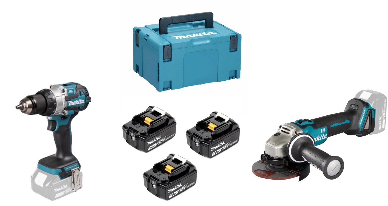 Kit utensili 18V Makita Trapano DHP484 + Smeriglia DGA504 + 3 Batterie 3 ah