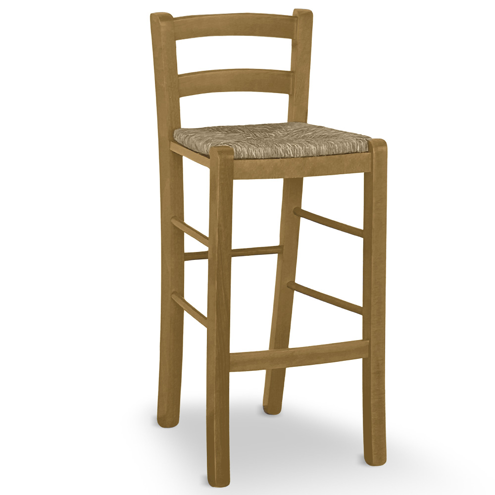 Sgabello in legno in tinta noce chiaro con schienale h 67cm seduta in paglia