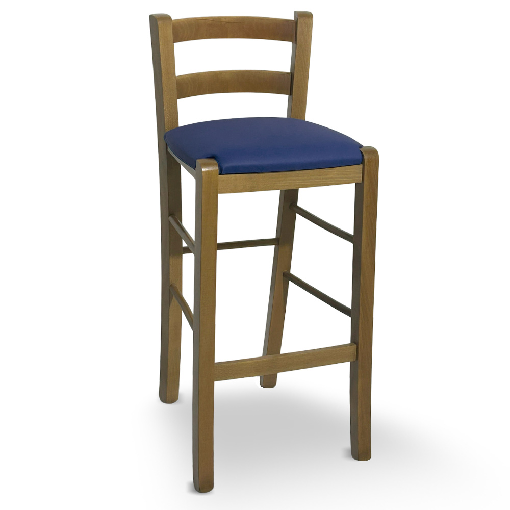 Sgabello in legno noce chiaro con schienale h 66 cm con seduta in similpelle blu