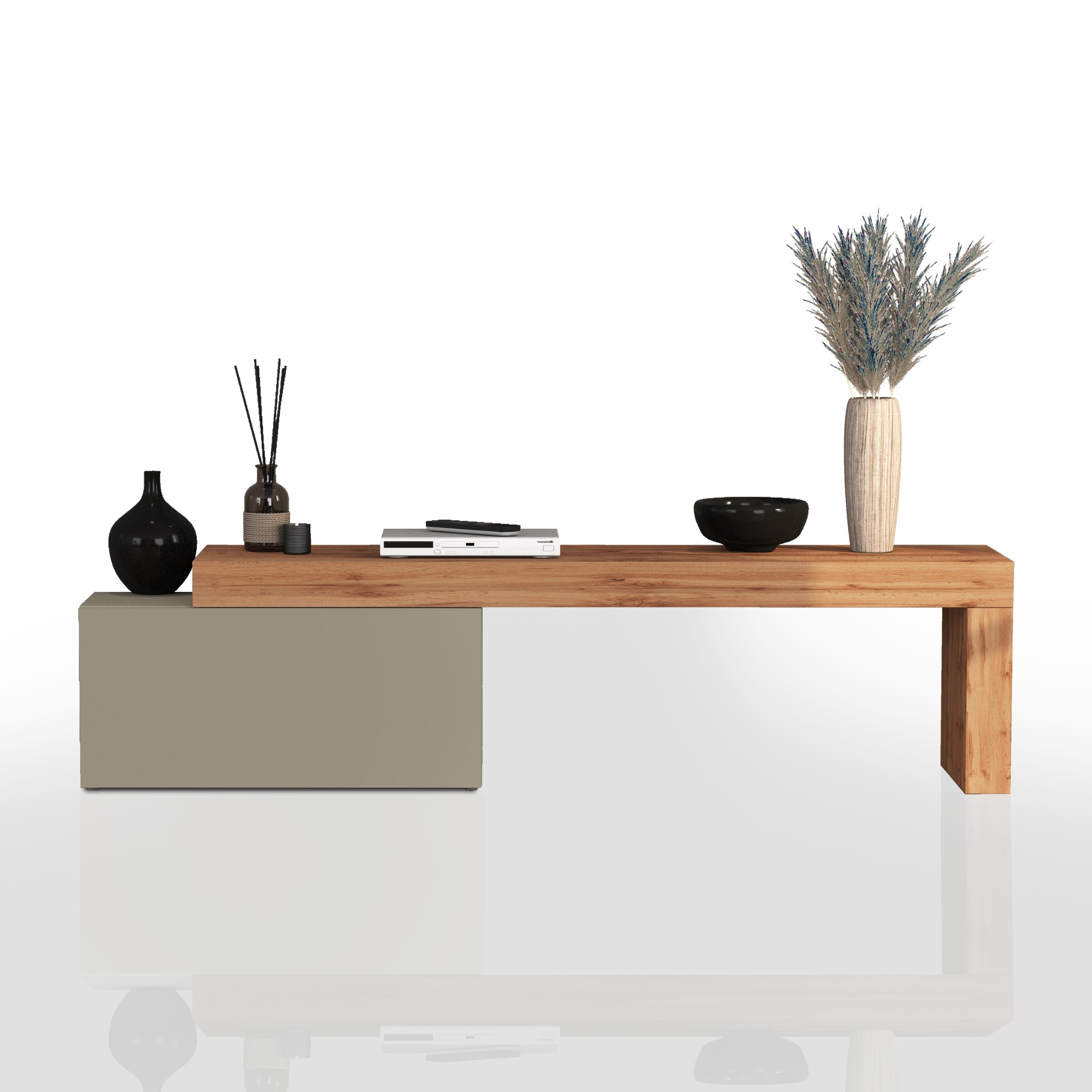 WHOUS Mobile Porta TV e Panca Estensibile Rovere con 1 Anta a Ribalta, Made in Italy COLORE: tortora opaco/rovere, DIMENSIONI: 180/260 cm