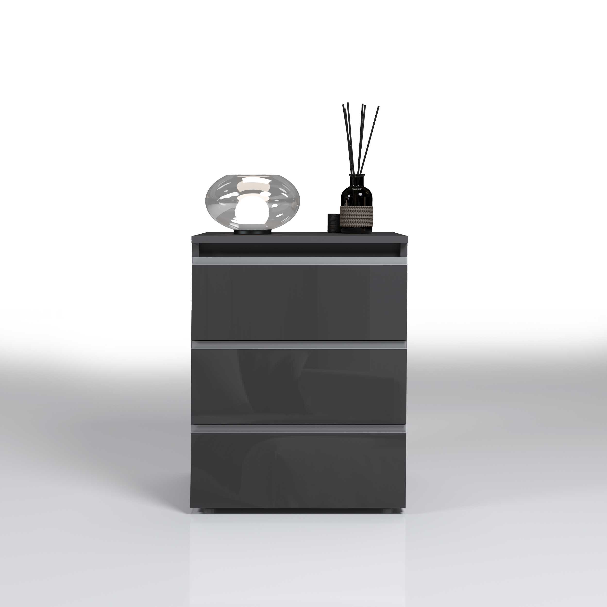 WHOUS Comodino con Luce LED 50x40x65 cm con con 3 Cassetti e Manici in Alluminio, Made in Italy COLORE: Antracite lucido