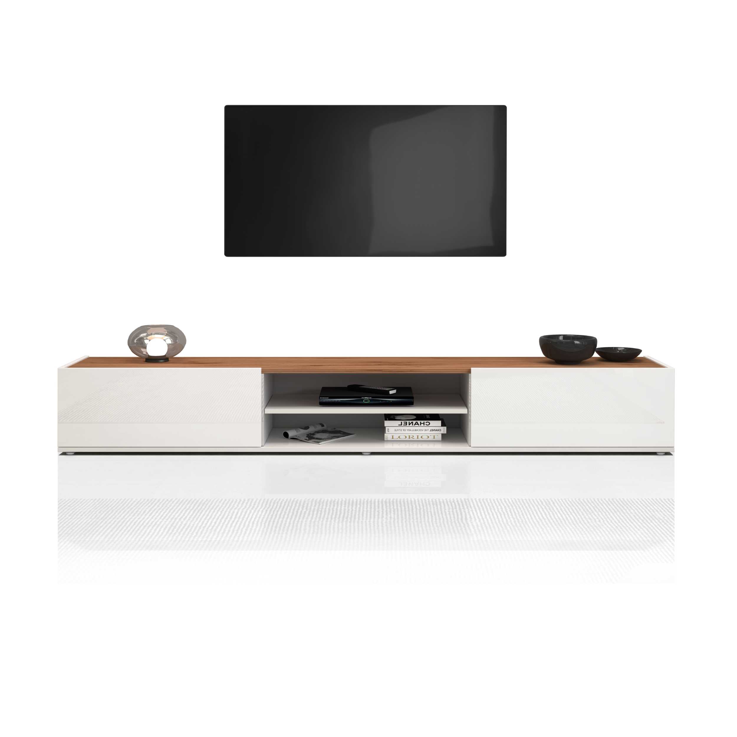 WHOUS Mobile Porta TV 210x35x30 cm con 2 Ante a Ribalta e 1 Ripiano Centrale, Made in Italy COLORE: Bianco lucido/rovere