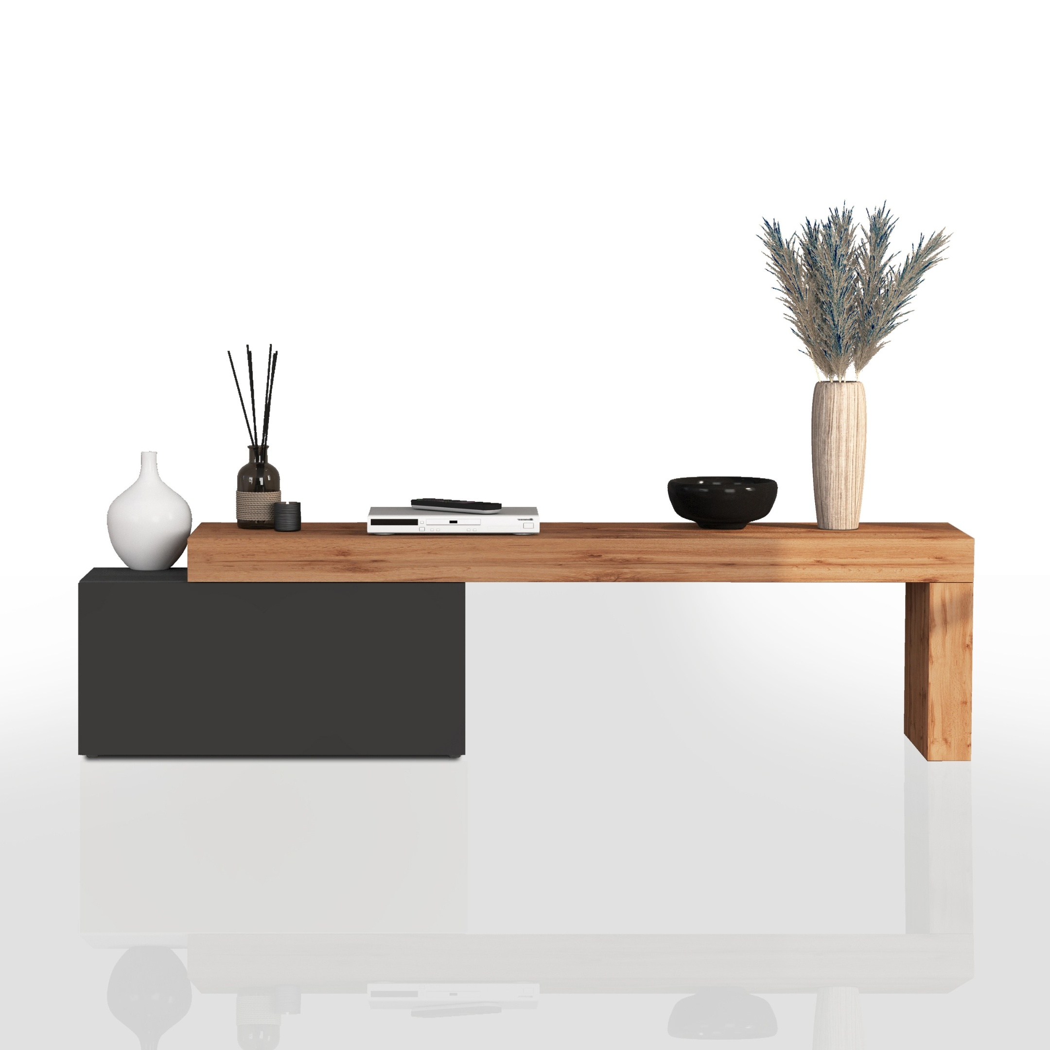 WHOUS Mobile Porta TV e Panca Estensibile Rovere con 1 Anta a Ribalta, Made in Italy DIMENSIONI: 180/260 cm, COLORE: Antracite opaco/rovere