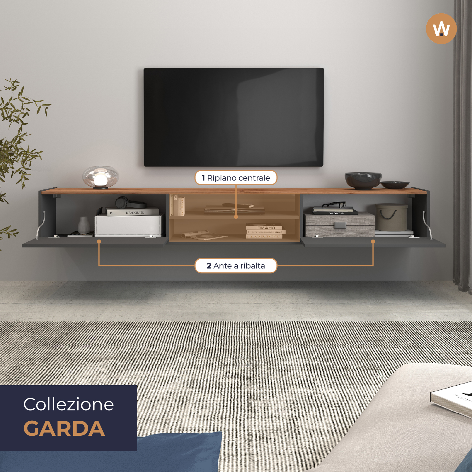 WHOUS Mobile Porta TV 210x35x30 cm con 2 Ante a Ribalta e 1 Ripiano Centrale, Made in Italy COLORE: Antracite opaco/rovere