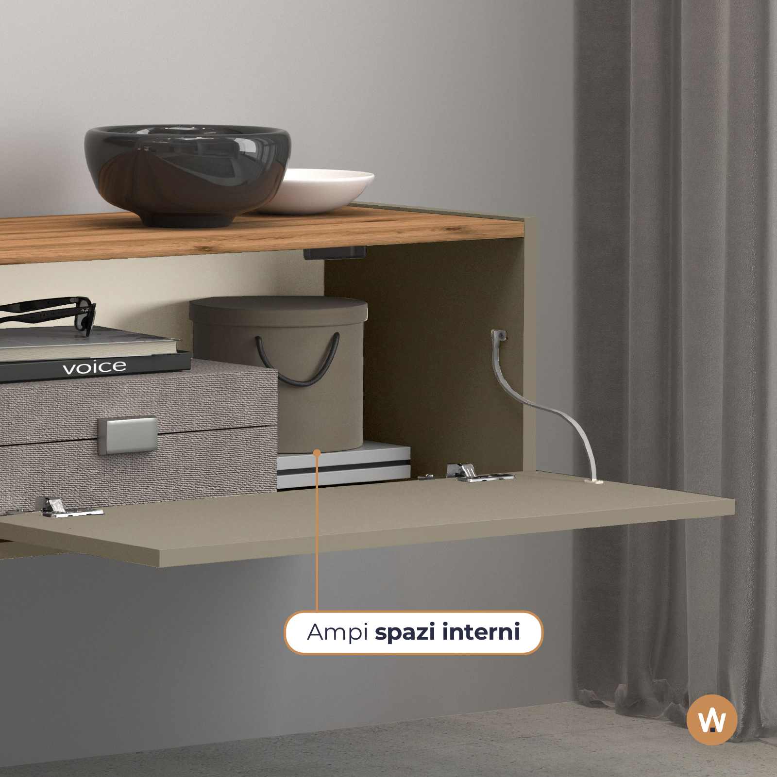 WHOUS Mobile Porta TV 210x35x30 cm con 2 Ante a Ribalta e 1 Ripiano Centrale, Made in Italy COLORE: Tortora/rovere