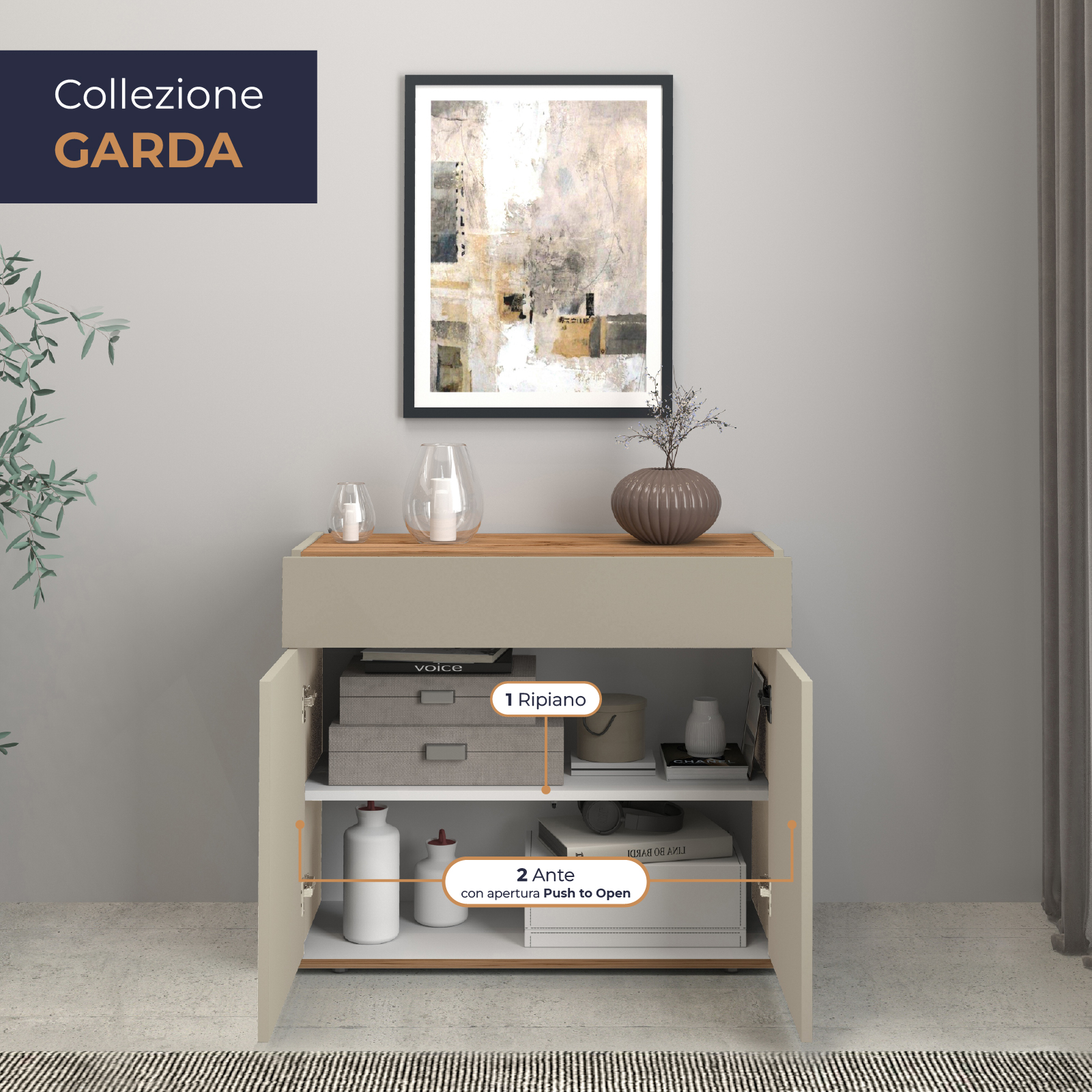 WHOUS Credenza Soggiorno, Made in Italy STILE: 2 ante e 1 cassetto, COLORE: Tortora/rovere