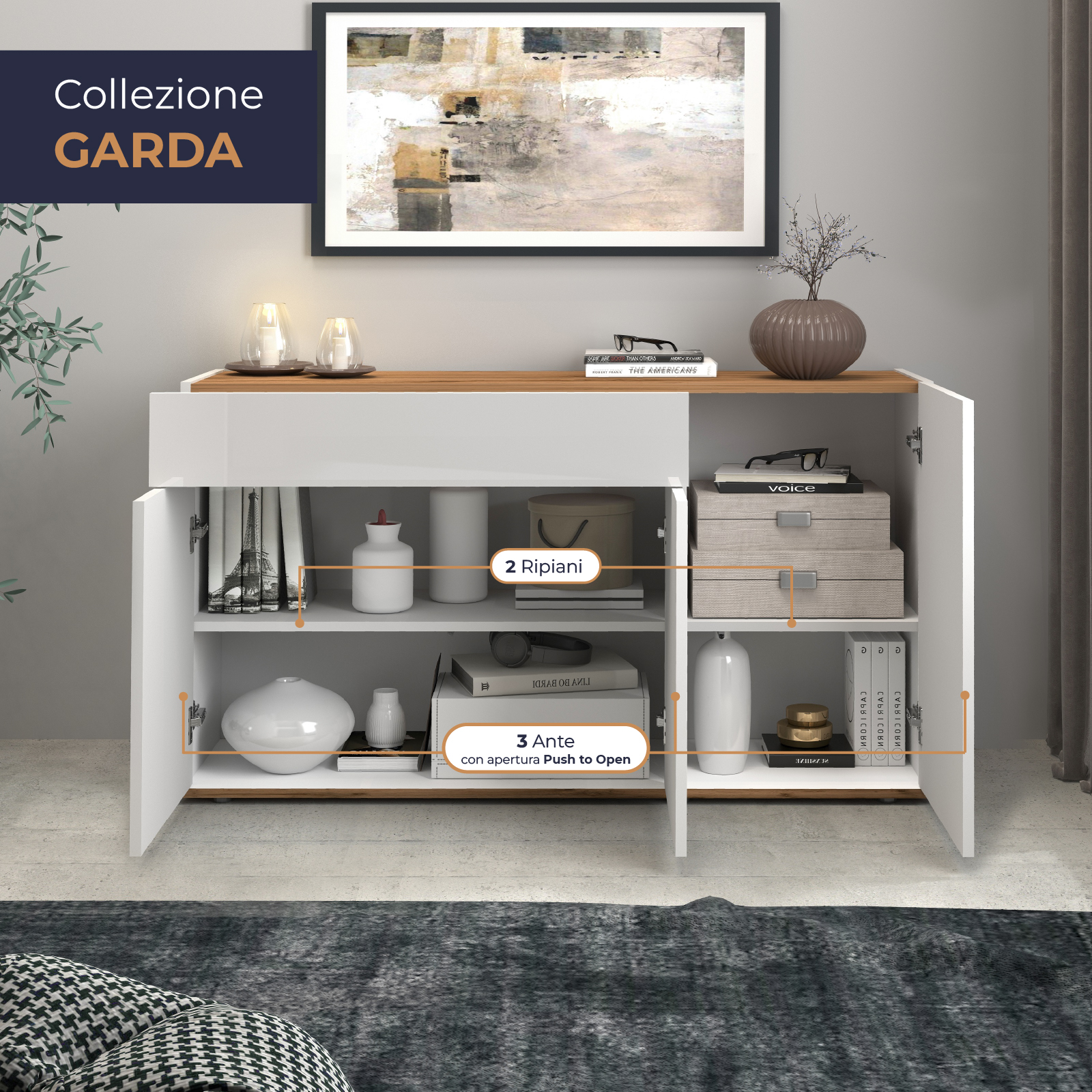 WHOUS Credenza Soggiorno, Made in Italy STILE: 3 ante e 1 cassetto, COLORE: Bianco Lucido e Rovere