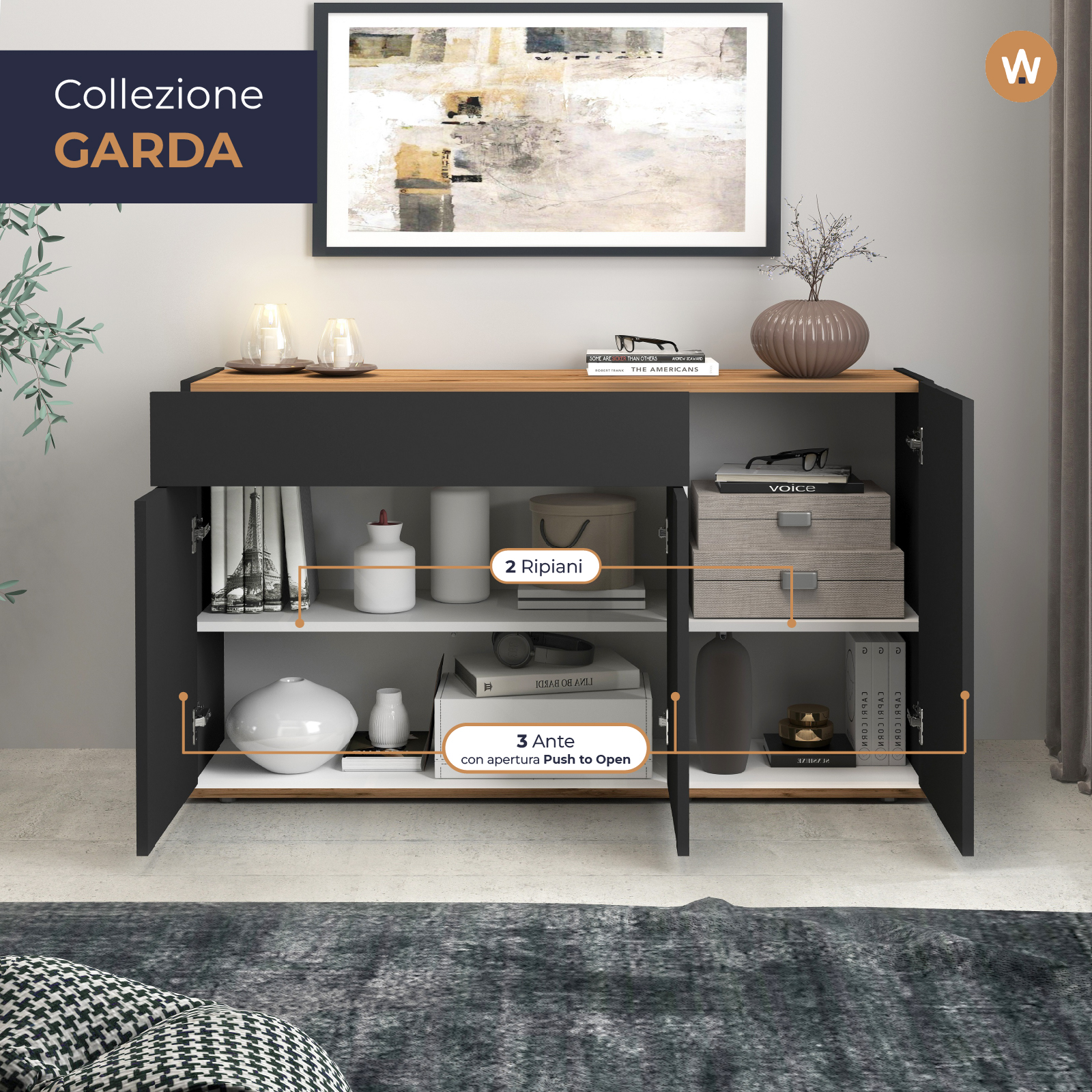 WHOUS Credenza Soggiorno, Made in Italy STILE: 3 ante e 1 cassetto, COLORE: Antracite Opaco e Rovere
